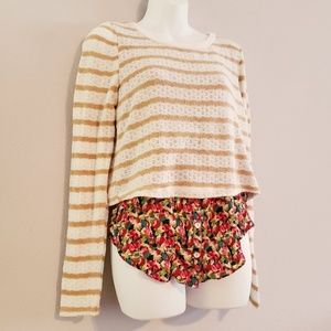 Anthropologie Beige Striped Sweater with Floral Shorts